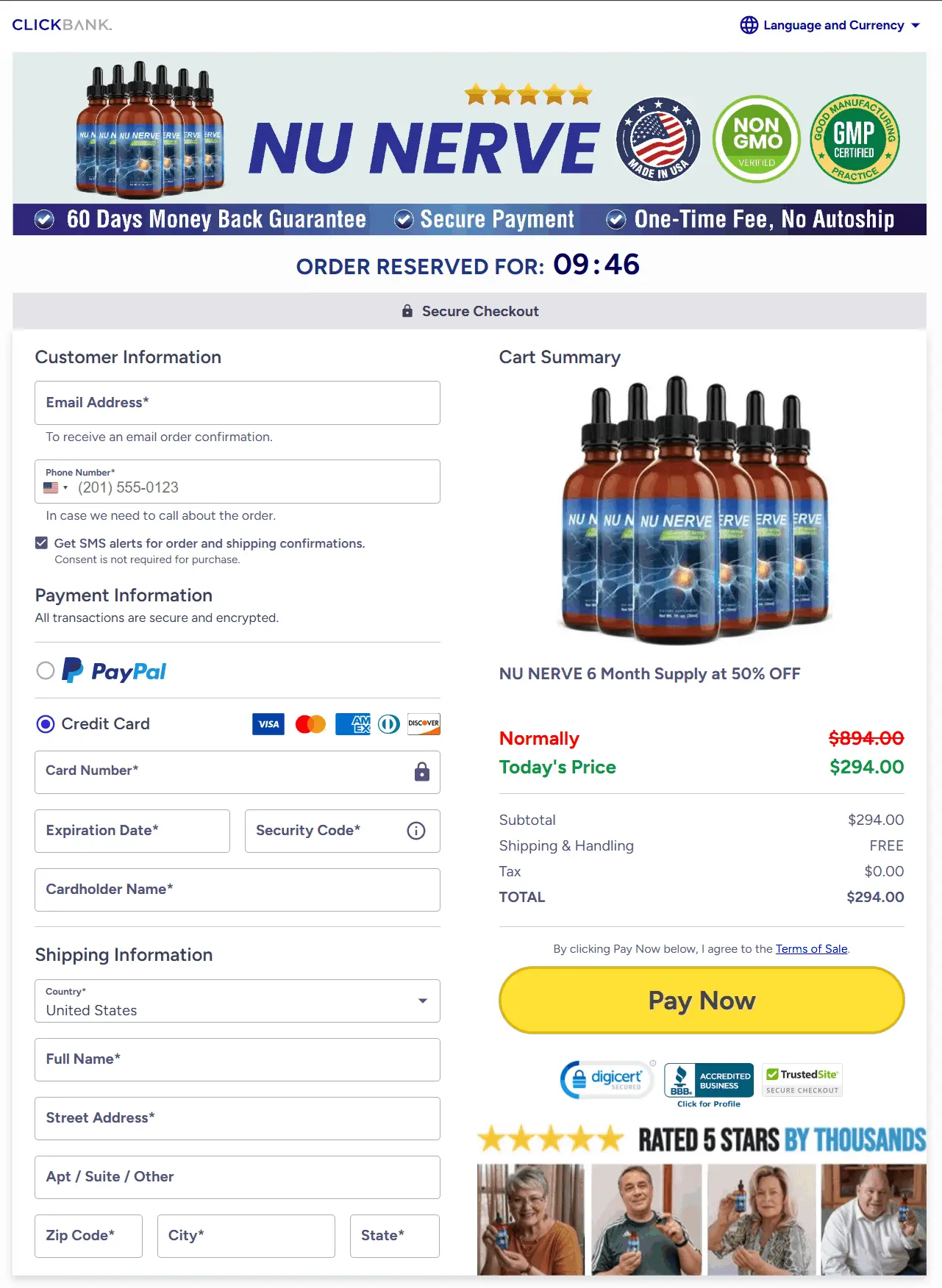 Secure checkout page screenshot for NuNerve, illustrating the purchasing process