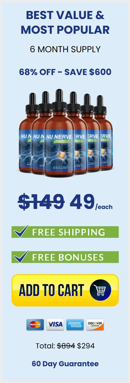 Six bottles of NuNerve advanced nerve support supplement, representing a discounted bundle